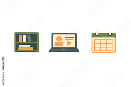 Online learning tools for students with a study area, computer, and calendar in a simple layout