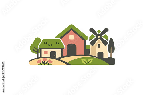 Farm scene with houses, trees, and a windmill in a rural setting during daytime