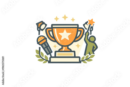 Design of a trophy with star and microphone in a celebratory scene with spotlights and figures on either side