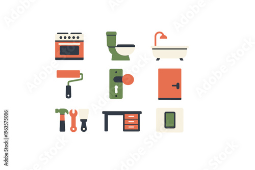 Various home improvement tools and appliances shown in a simple layout for renovation purposes