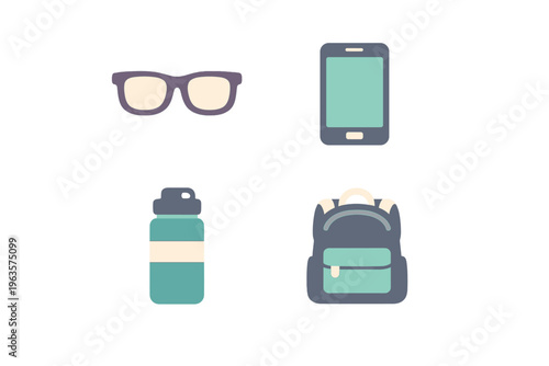 Items on a white background including glasses, a smartphone, a water bottle, and a backpack positioned in a simple layout