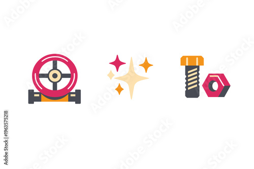 Different tools and symbols representing construction, engineering, and design in a simple layout without background distractions