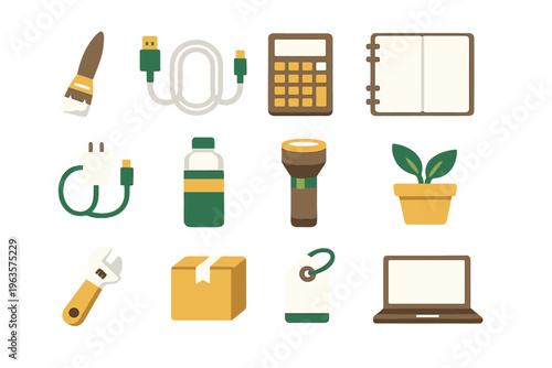 Items on a flat surface including tools, a calculator, and a laptop, organized in a neat layout for an office or workspace setup