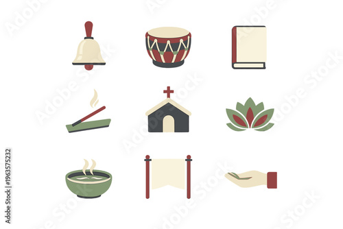 Icons showing spiritual symbols and activities related to various traditions for different ceremonies and practices