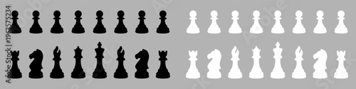 Chess pawns and major pieces silhouettes, black and white strategic figures on grey background