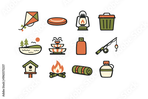 Outdoor activities and items for summer fun and leisure at a park or camping location