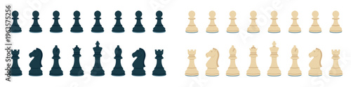Colorful flat design chess pawns and major pieces set, black and white strategic board game figures