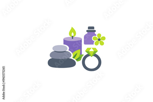 Wellness items on a simple background with candles, stones, and a ring symbolizing relaxation