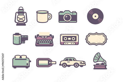 Collection of vintage objects including a lantern, camera, and typewriter on a white background