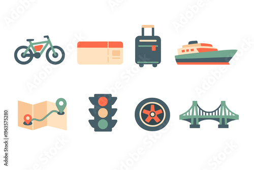 Different modes of transport and travel items shown in a simple design layout with various colors and shapes