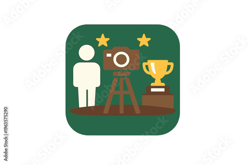 Winning moment captured by a camera with a trophy nearby on a simple setting