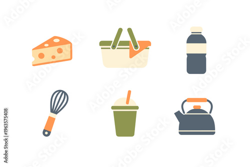 Variety of kitchen items like cheese, basket, water bottle, whisk, drink, and kettle on a plain background