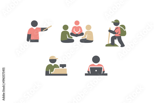 Different activities and roles people engage in during various times of their day in a simple visual format with minimal details