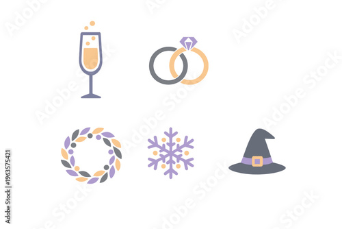 Celebration symbols including drinks, wedding rings, winter elements, and Halloween hats in a simple design