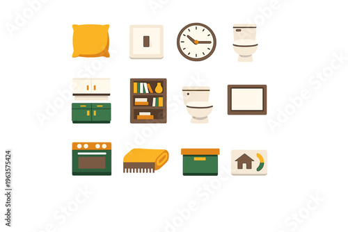 Collection of home items including furniture and appliances in a simple arrangement on a white background
