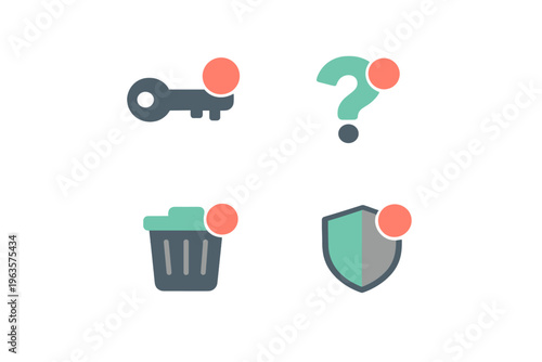 Icons representing various functions like security and questions with simple shapes and colors