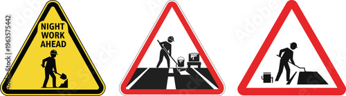 Road work ahead warning signs with construction workers