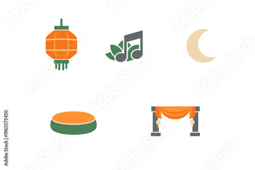 Design elements for a festive celebration with lanterns, music notes, and decorations during a nighttime event