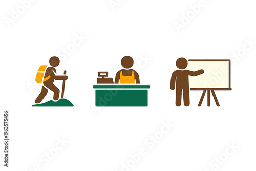People engaging in outdoor activities, work at a counter, and teaching a class in different settings