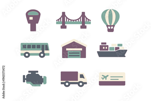 Icons of transportation and infrastructure including vehicles, structures, and a hot air balloon in a simple design