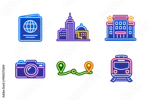 Icons showing travel essentials and activities for planning a trip to a city with sights