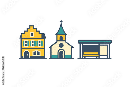 Buildings in a town showing a house, a church, and a bus stop during the day