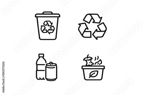Icons showing waste management practices including recycling, garbage disposal, and composting in a simple design