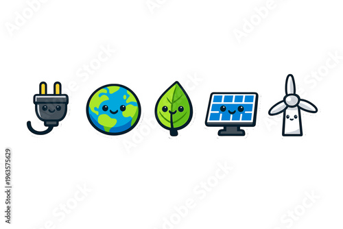 Energy sources and symbols representing the earth and renewable options in a bright and fun design