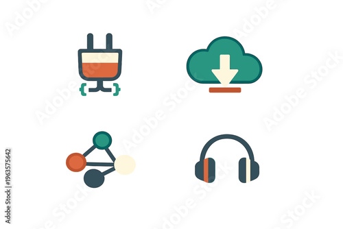 Icons representing technology tools used in software development and audio content creation for various digital tasks
