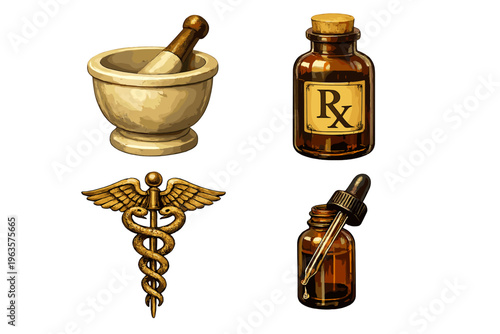 Objects used in a pharmacy setting including a mortar and pestle, a prescription bottle, a caduceus symbol, and a dropper bottle