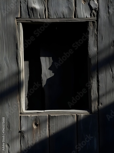 A dark and mysterious wooden wall with a square hole