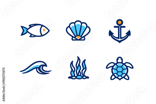 Ocean themed icons including fish, shell, anchor, wave, seaweed, and turtle in simple design