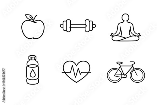 Items showing healthy lifestyle choices including food, exercise, and meditation practices for daily well-being