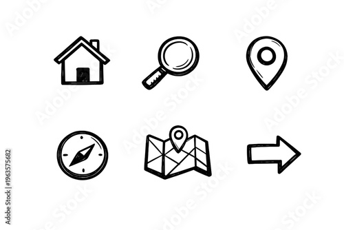 Icons that show navigation and location tools for finding places and home on a digital map or app