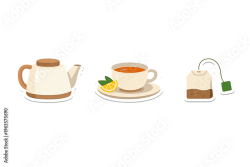 Tea preparation with teapot, cup, and teabag alongside a slice of lemon in a simple kitchen setting