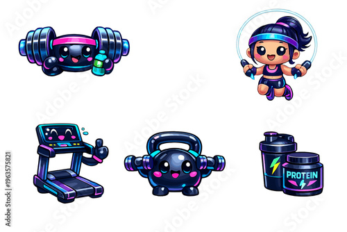 Colorful fitness icons show gym equipment, workout equipment, and a character preparing for exercise in a cartoon style for wellness promotion
