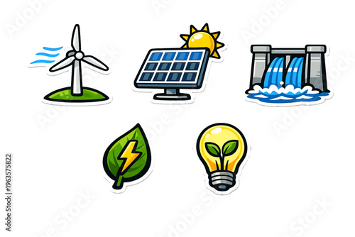 Symbols of renewable energy sources highlighting wind, solar, hydro power, and energy conservation efforts with modern graphics