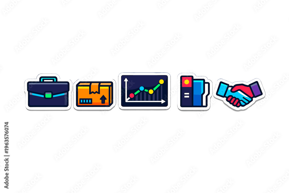 Fototapeta premium Business icons represent various aspects of trade and commerce in a simple graphic layout showing key elements of business operations