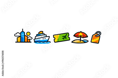 Travel plan includes city view, cruise ship, boarding pass, beach umbrella, and luggage tag for a perfect holiday