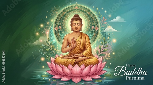 Happy Vesak Day, Buddha Purnima wishes greetings with buddha and lotus illustration. Can be used for poster, banner, logo, background, greetings, print design. abstract illustration ... 
