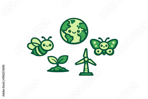 Bees, butterflies, earth, and wind turbines create a scene about nature and sustainability in a simple and bright design