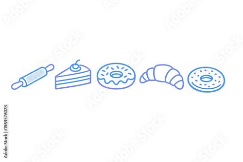 Bakery items including rolling pin, cake, donut, croissant, and bagel arranged in a row on a white background