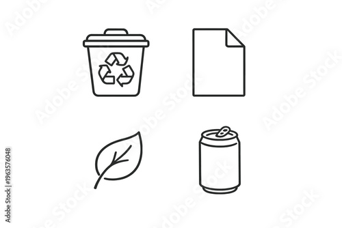 Recycling symbols and items showing common materials for waste reduction efforts in daily life