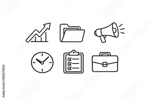 Charts show progress and folders hold important files while a clock keeps time for work tasks and announcements