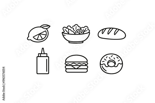 Different types of food items are shown on a plain background with fresh produce, a condiment, and baked goods