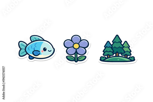 Cartoon fish, flower, and trees in a simple design for children or playful themes in bright colors and cute style