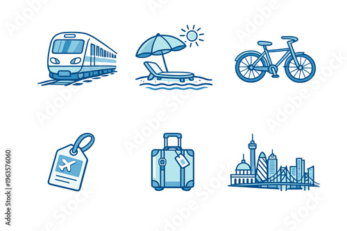 Travel illustrations showing different modes of transportation and leisure activities in various locations and settings throughout the day