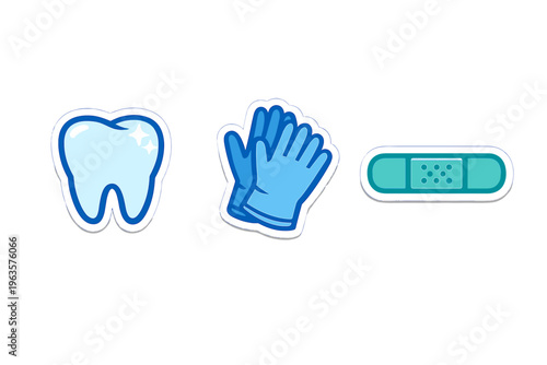 Collection of dental and medical items including a tooth, gloves, and a bandage used for health care activities