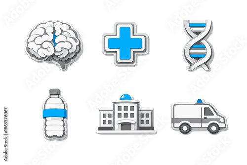 Medical icons representing health, science, and emergency services in simple designs and bright colors