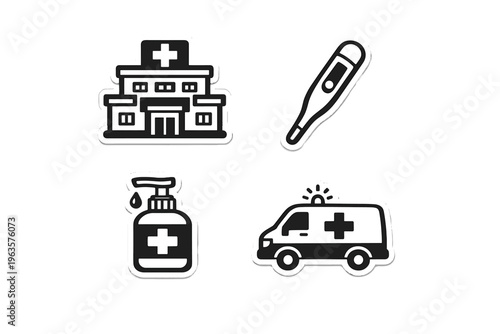 Icons of health care tools and services used in hospitals and emergency situations for medical purposes in various settings